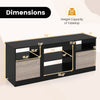 Dimensions of the black entertainment center with adjustable shelf, designed for 65” TVs, featuring storage cabinets.