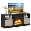 Entertainment center in black with adjustable shelf, electric fireplace space, and RGB LED lighting for 65” TVs.