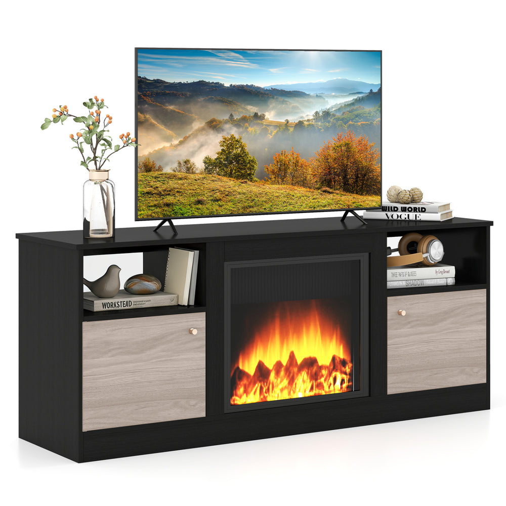 Entertainment center in black with adjustable shelf, electric fireplace space, and RGB LED lighting for 65” TVs.