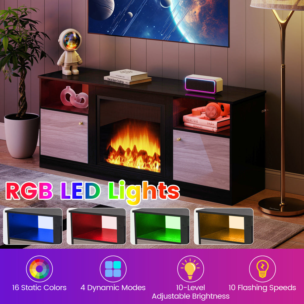 Entertainment center in black with RGB LED lights, adjustable shelf, and storage for 65” TVs, perfect for stylish decor.