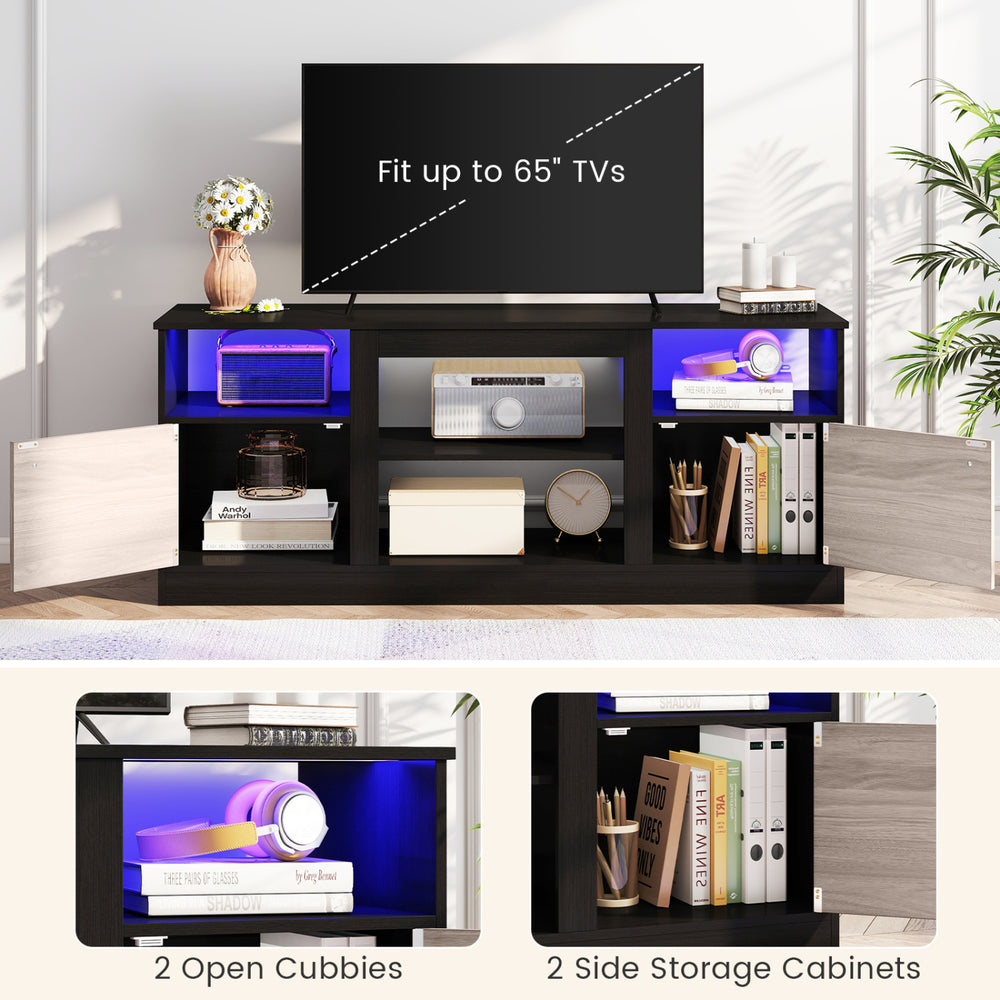 Entertainment center in black with RGB LED lighting, adjustable shelf, and storage for TVs up to 65” for stylish.