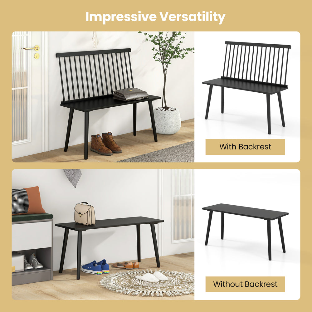 Black entryway bench for 2 with spindle backrest, showcasing ergonomic design and versatile use in dining or hallway.