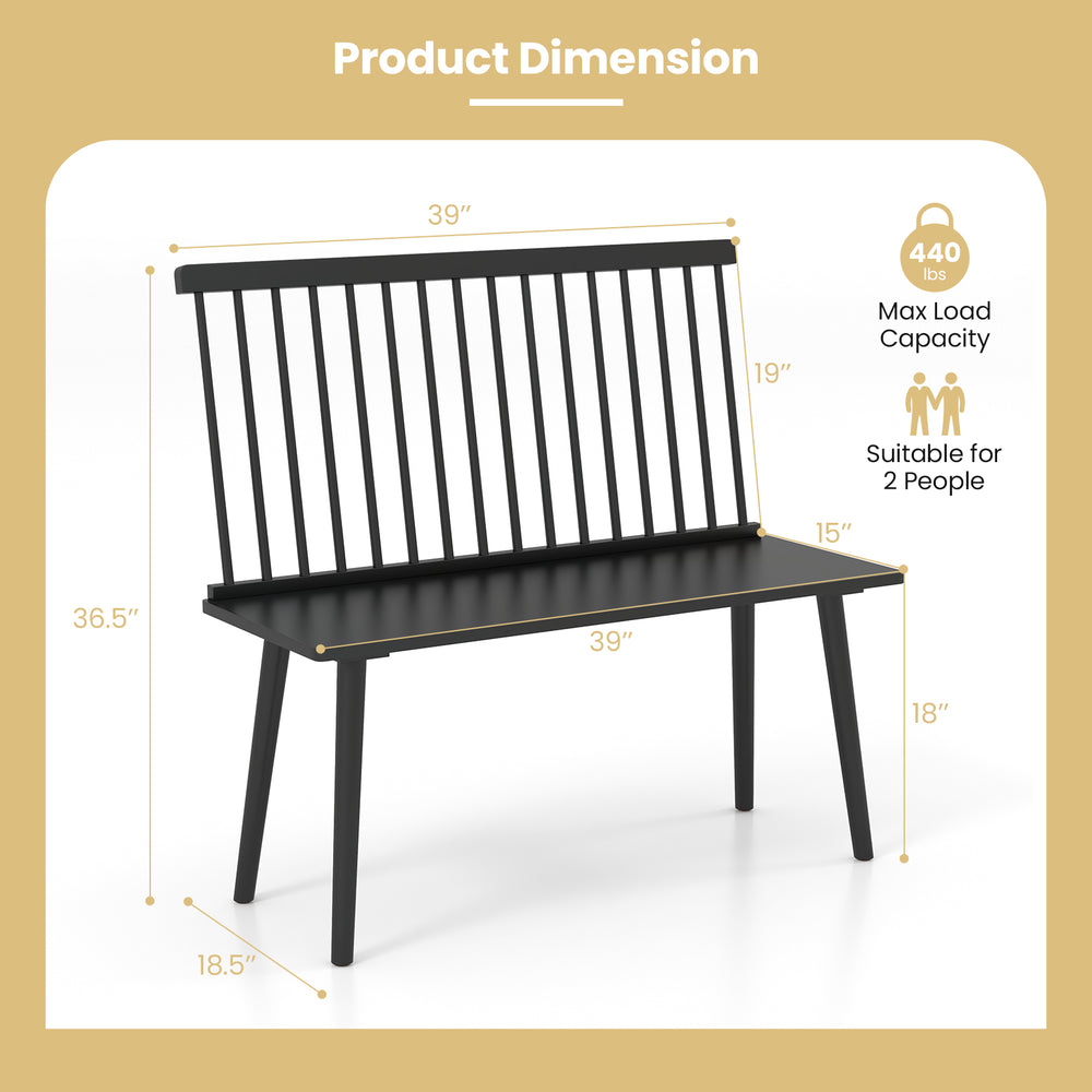 Black entryway bench with spindle back, solid rubber wood, ergonomic design, suitable for 2 people, ideal for dining.