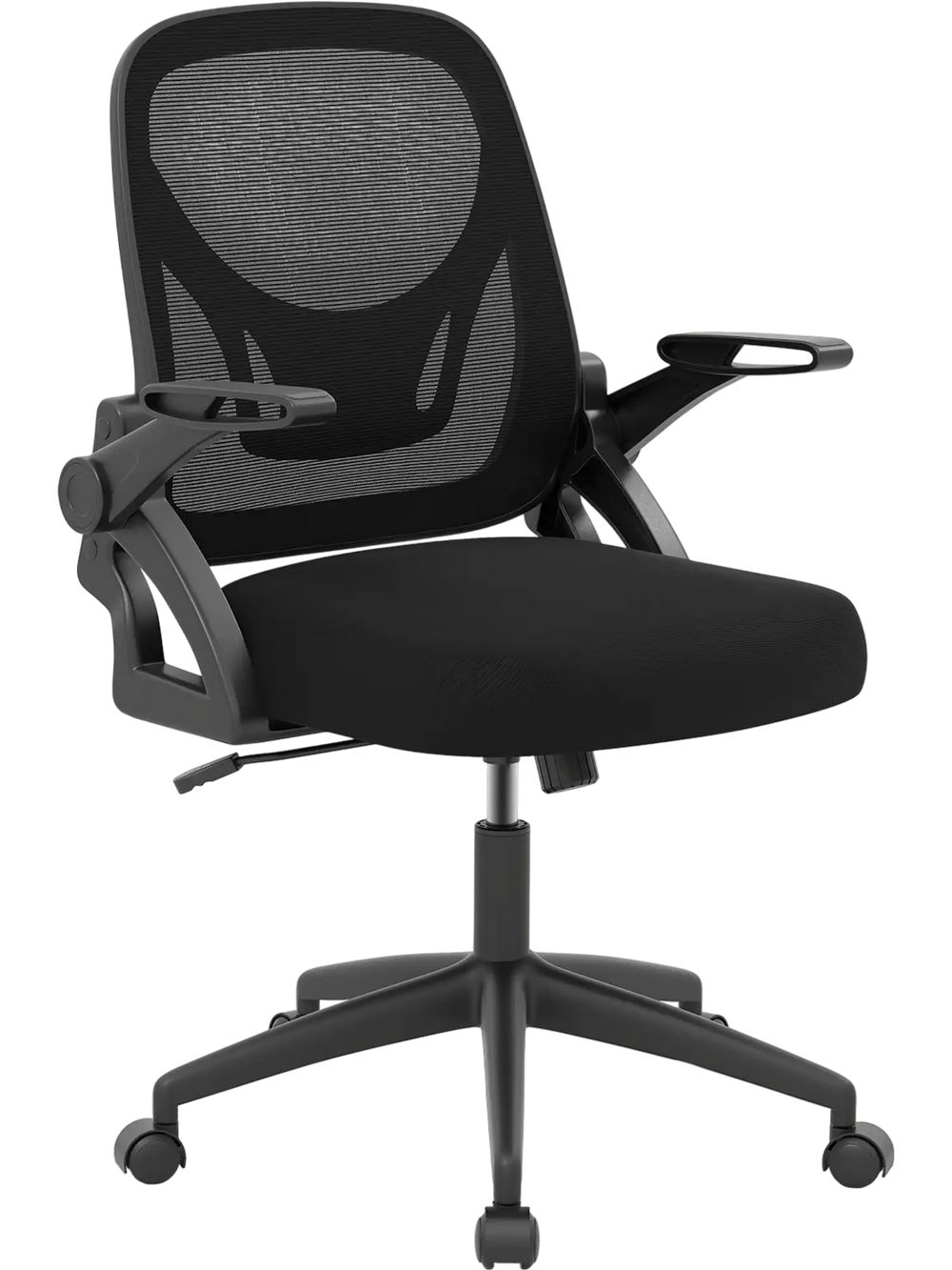 Ergonomic black computer desk chair with lumbar support, breathable mesh, and flip-up arms for space-saving convenience.