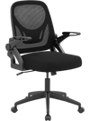 Ergonomic black computer desk chair with lumbar support, breathable mesh, and flip-up arms for space-saving convenience.