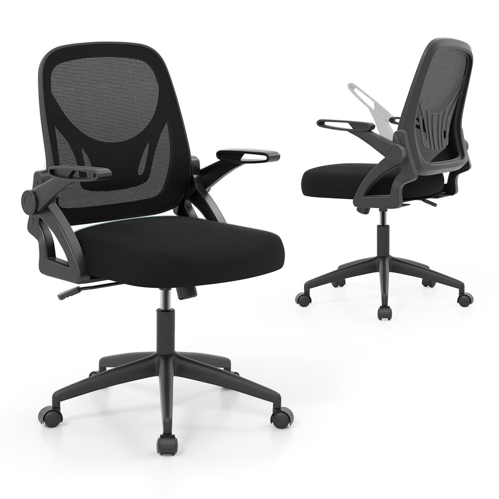 Ergonomic black computer desk chair with lumbar support and flip-up arms, designed for comfort and mobility.