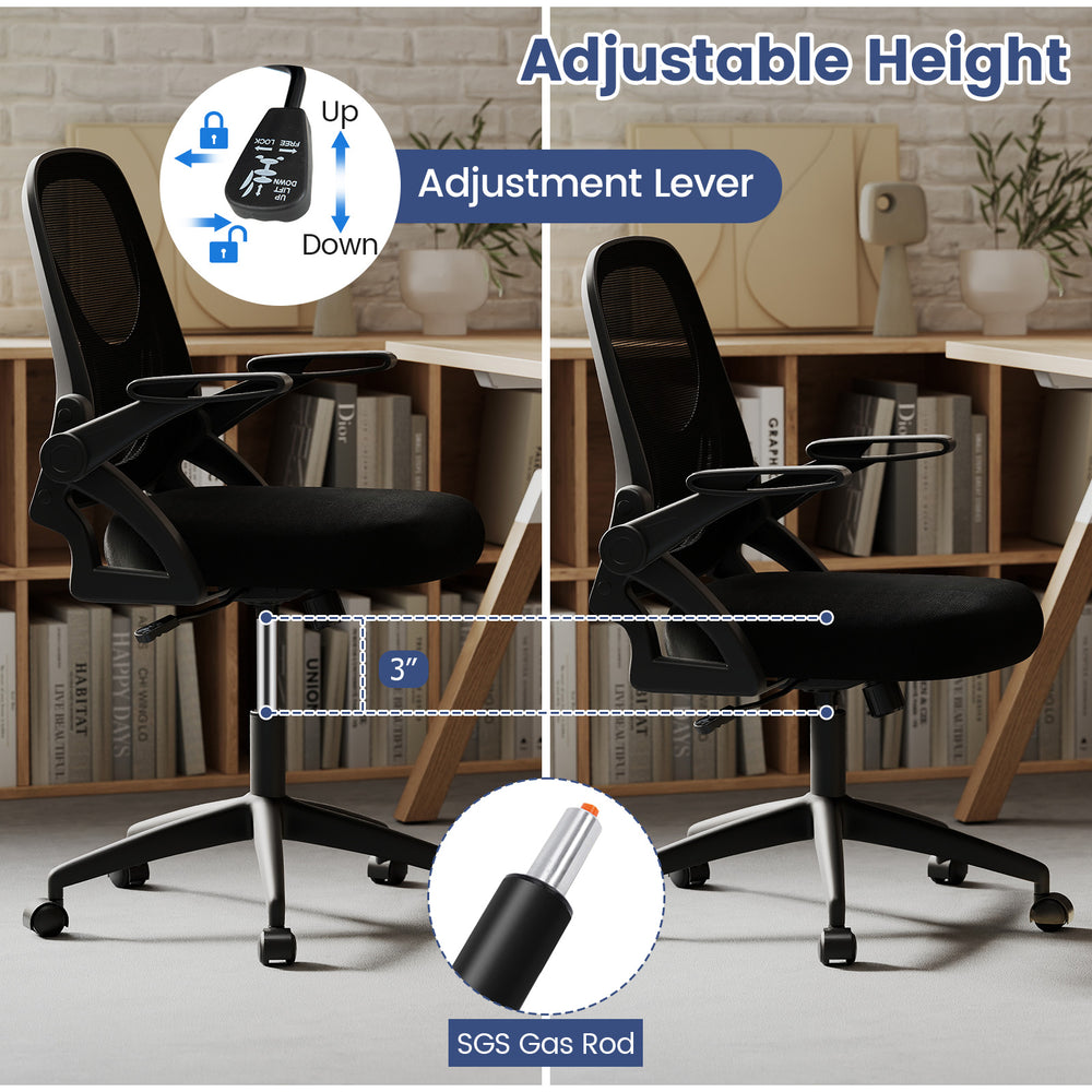 Ergonomic black computer desk chair with adjustable height, lumbar support, and flip-up arms for optimal comfort.