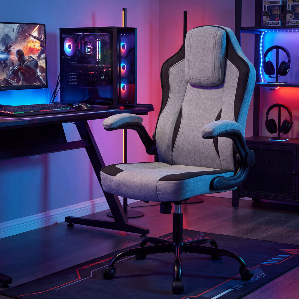 Ergonomic gray computer office chair with 90° flip-up armrests, adjustable height, and comfortable linen upholstery.