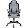 High-back ergonomic office chair in gray with padded armrests, waterfall seat, and stylish two-tone upholstery.