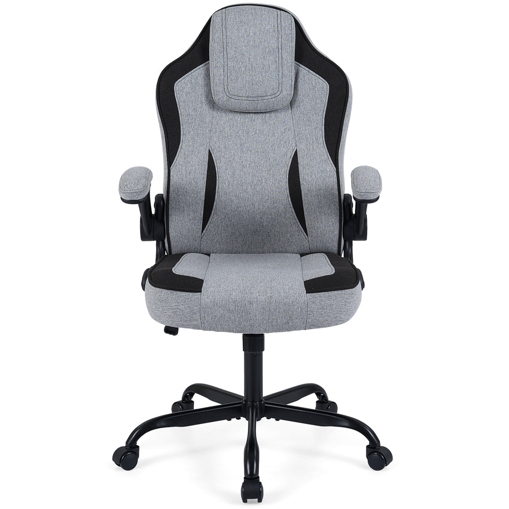 High-back ergonomic office chair in gray with padded armrests, waterfall seat, and stylish two-tone upholstery.