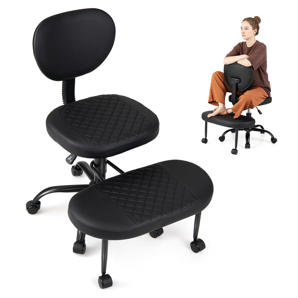 Close-up of the premium artificial leather and quilted texture on the seat of the ergonomic black office chair for.