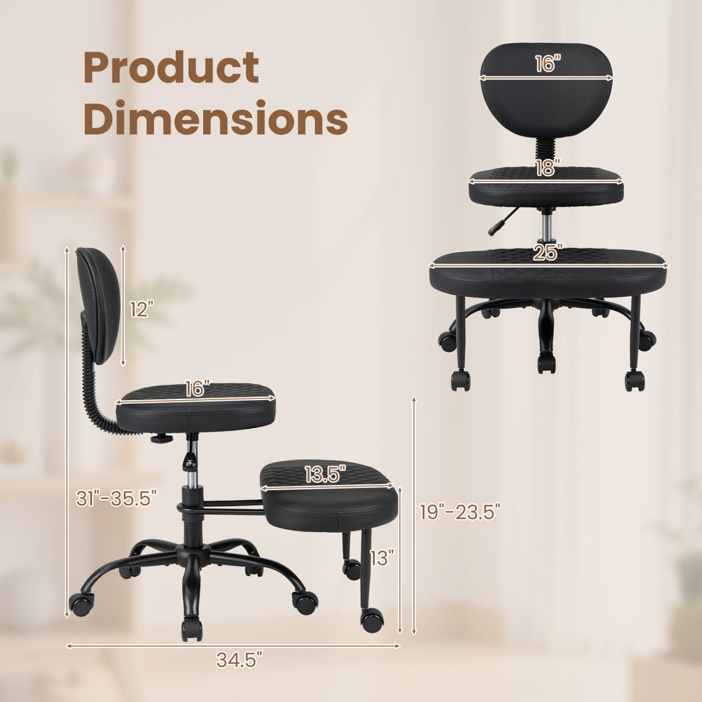Ergonomic black office chair dimensions showing height-adjustable seat and curved backrest for lumbar support.