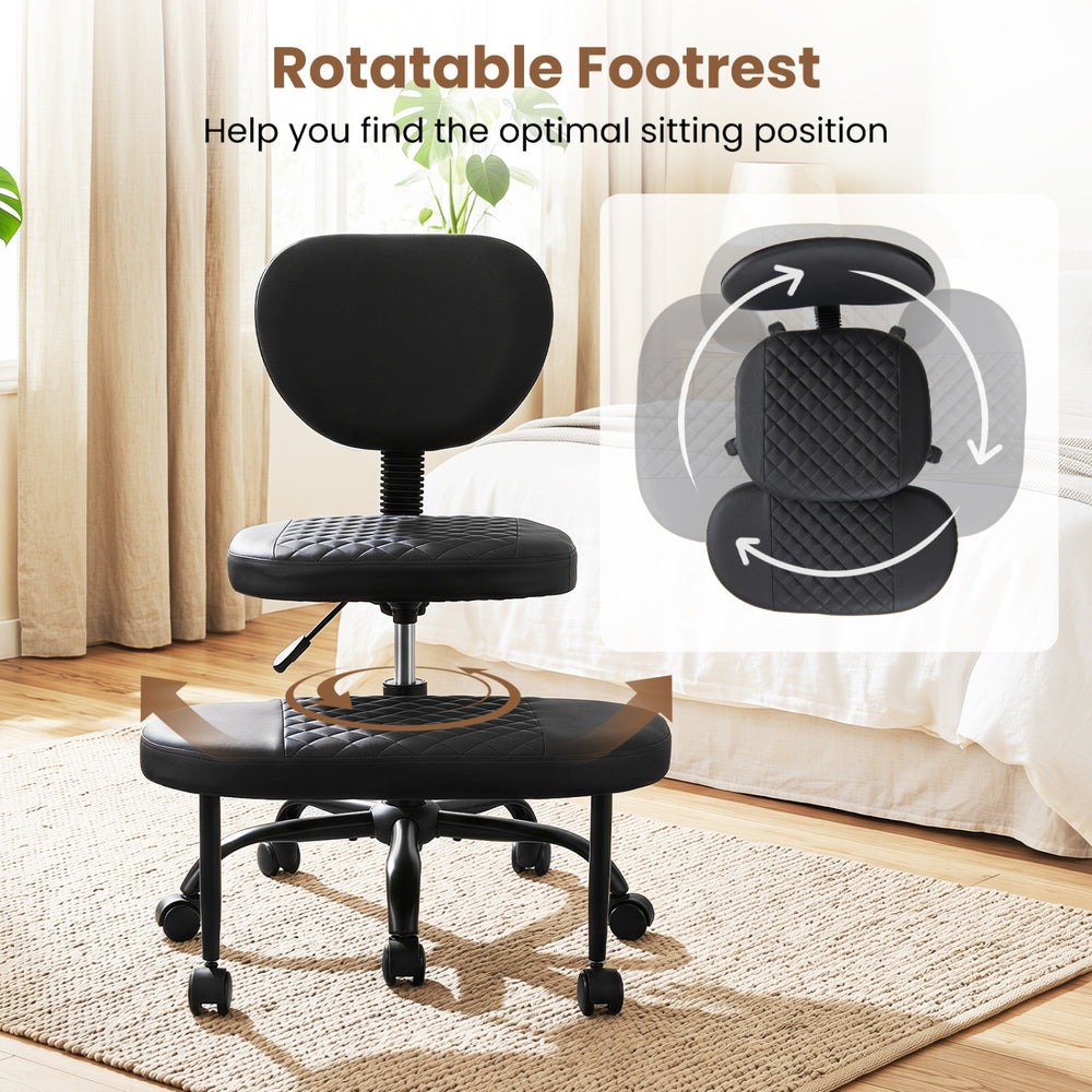 Ergonomic black office chair with height-adjustable seat and rotatable footrest for optimal comfort and support.