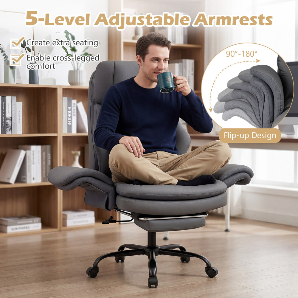 Ergonomic grey office chair with 5-level adjustable armrests, retractable footrest, and sturdy metal base for comfort.