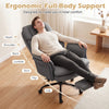 Ergonomic grey office chair with retractable footrest, designed for full-body support and cross-legged seating comfort.