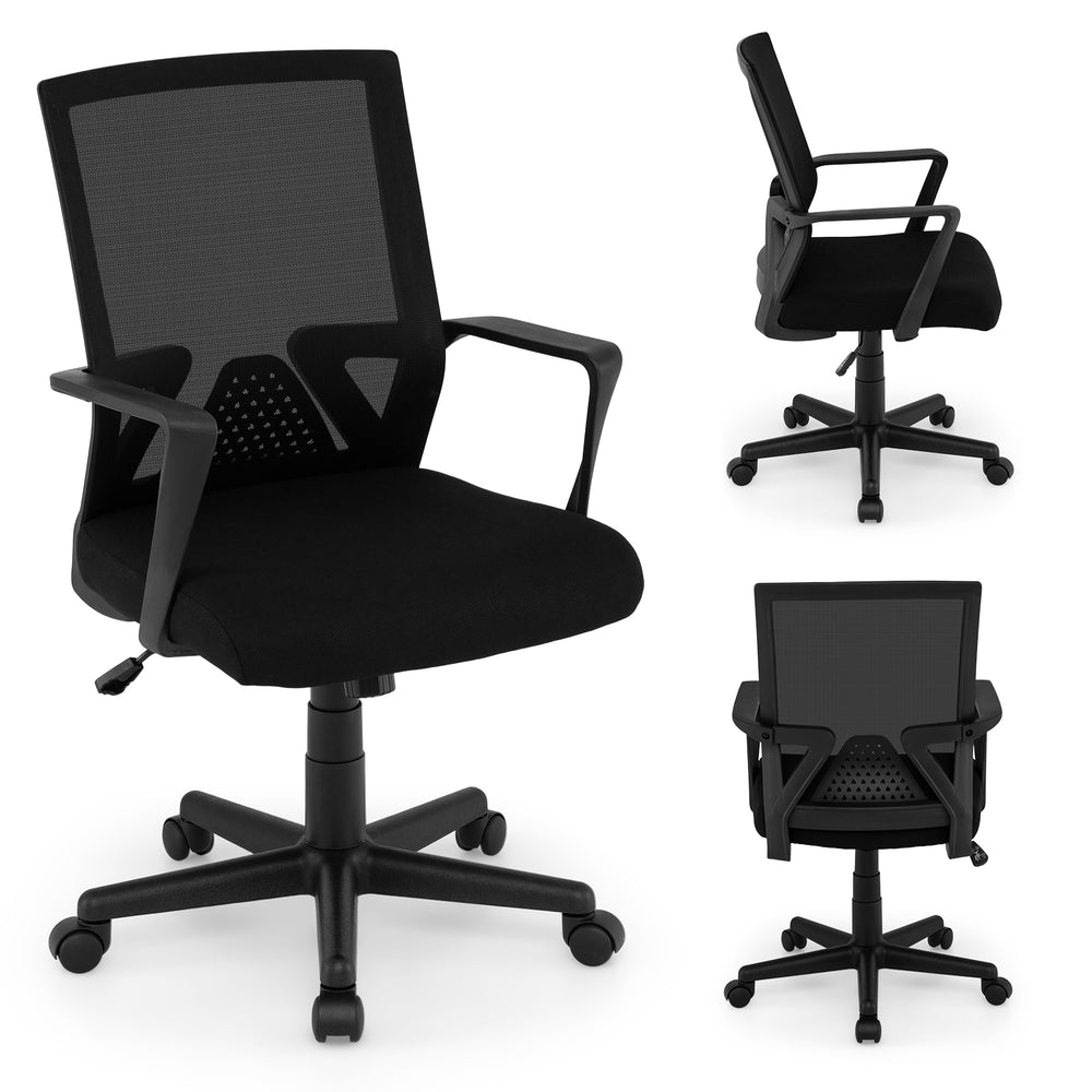 Ergonomic desk chair in black with lumbar support, padded seat, and adjustable height for comfortable office use.