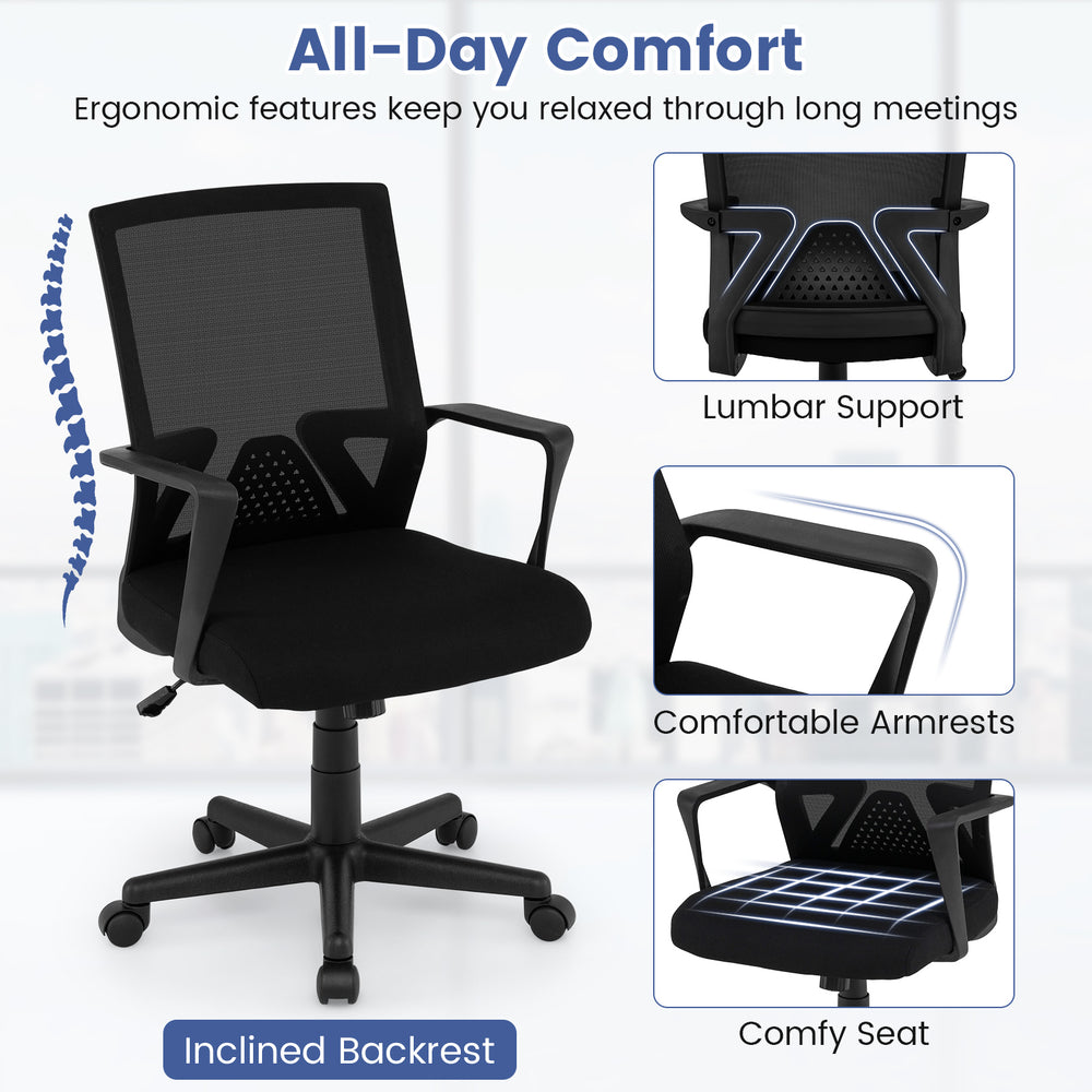 Ergonomic desk chair in black with lumbar support, adjustable height, and comfortable armrests for all-day use.