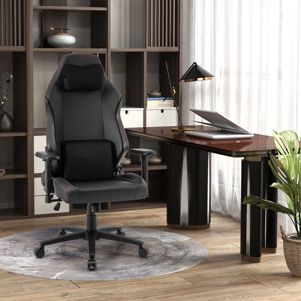 Ergonomic high back computer chair in black with adjustable headrest and lumbar pillow for ultimate comfort and support.