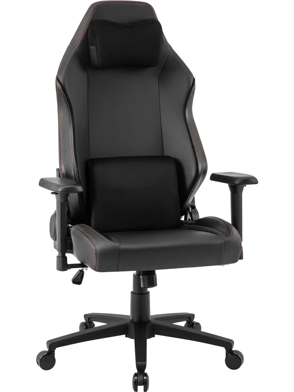 Ergonomic high back computer chair in black with adjustable headrest, lumbar pillow, and 360° swivel for comfort.