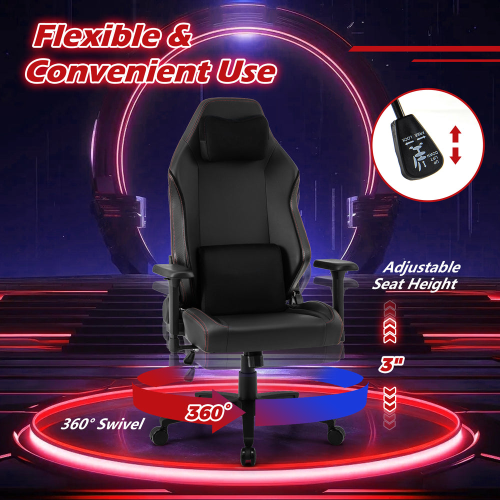 Ergonomic high back computer chair in black with adjustable height, magnetic headrest, and lumbar pillow for comfort.