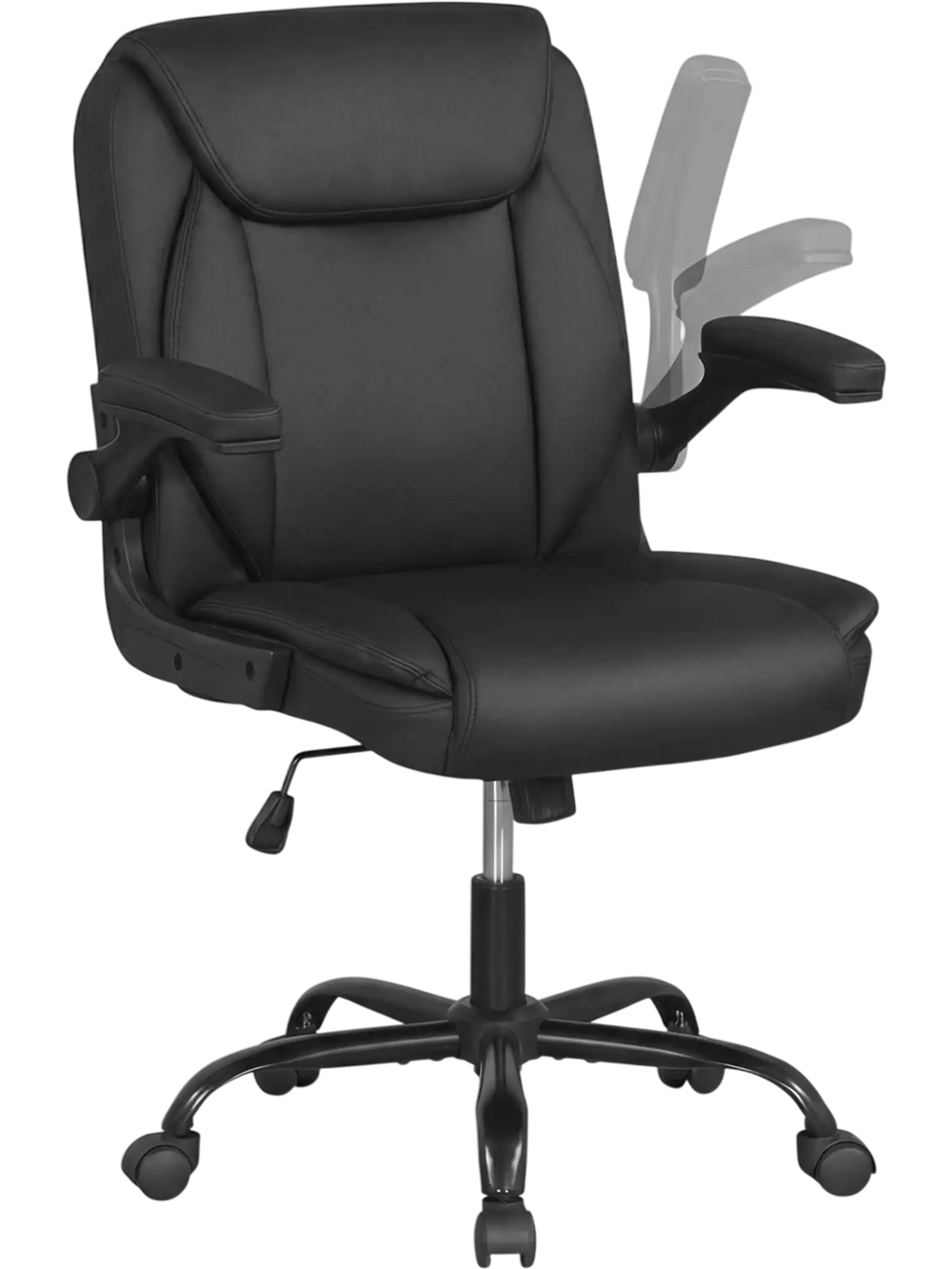Ergonomic black leather office chair with flip-up armrests, rocking function, and adjustable height for comfortable.