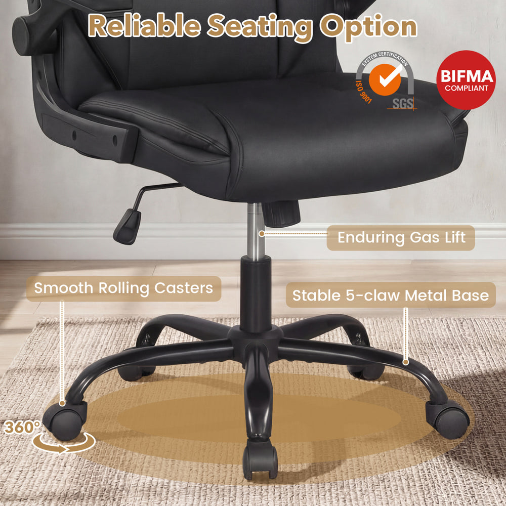 Ergonomic black leather office chair with flip-up armrests, stable metal base, and smooth rolling casters for easy.