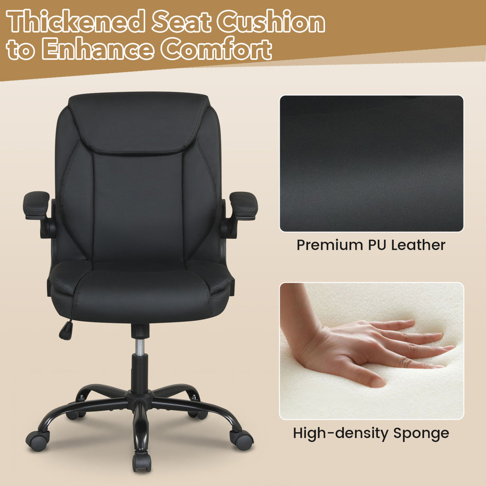 Ergonomic black office chair with thickened PU leather seat cushion and flip-up armrests for enhanced comfort and.