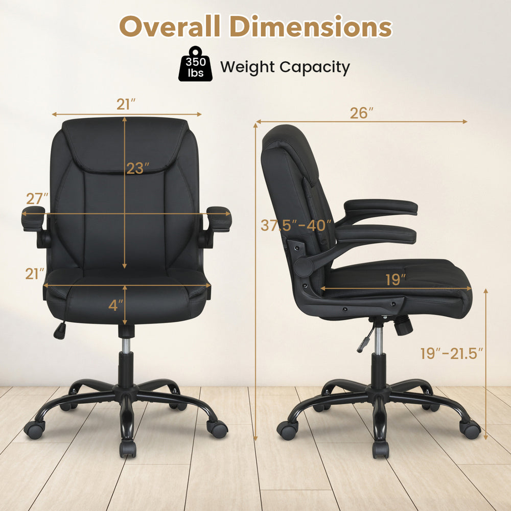 Ergonomic black leather office chair with flip-up armrests, adjustable height, and rocking function for comfort and.