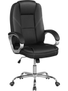 Ergonomic black leather office chair with padded armrests, contoured backrest, and adjustable height for comfort.