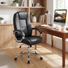 Ergonomic black leather office chair with padded armrests and a contoured backrest, ideal for comfortable long sitting.