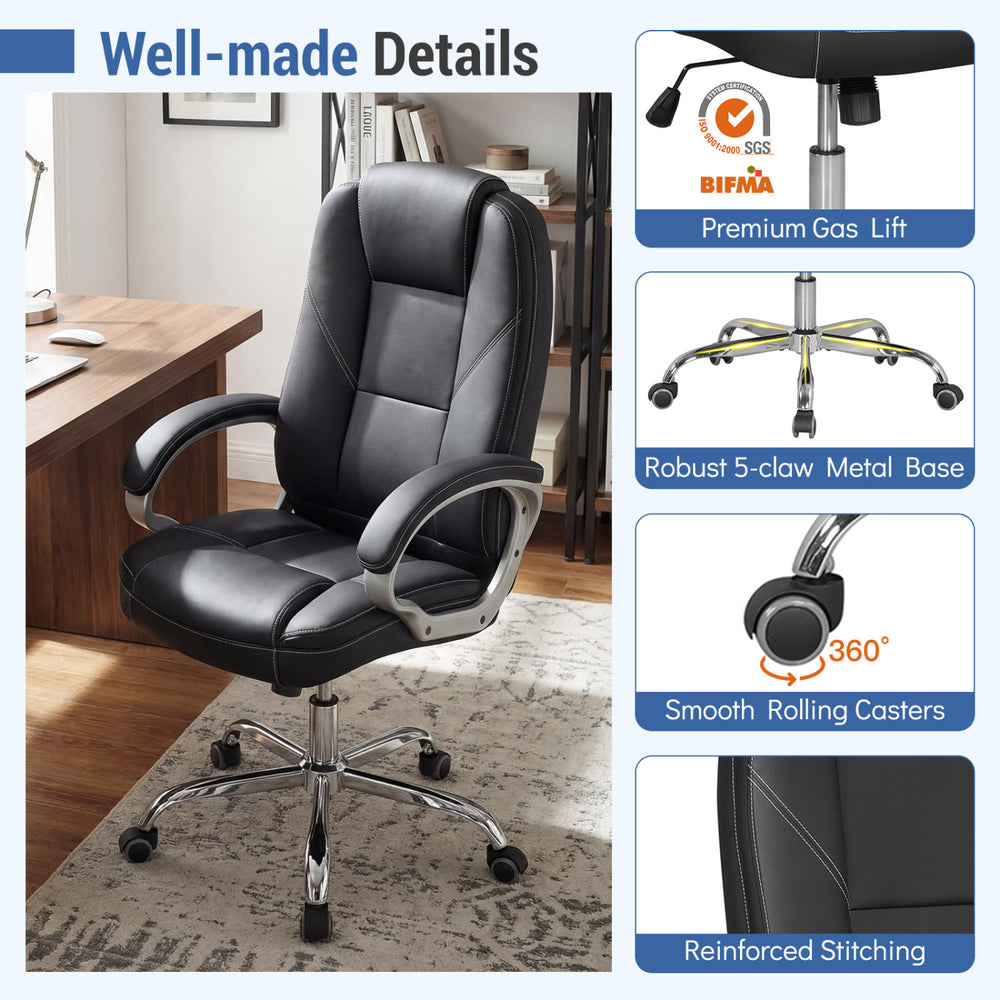 Ergonomic black leather office chair with padded armrests, 360° swivel, and robust metal base for comfort and mobility.