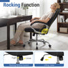Ergonomic black leather office chair with padded armrests, rocking backrest, and adjustable height for comfort.