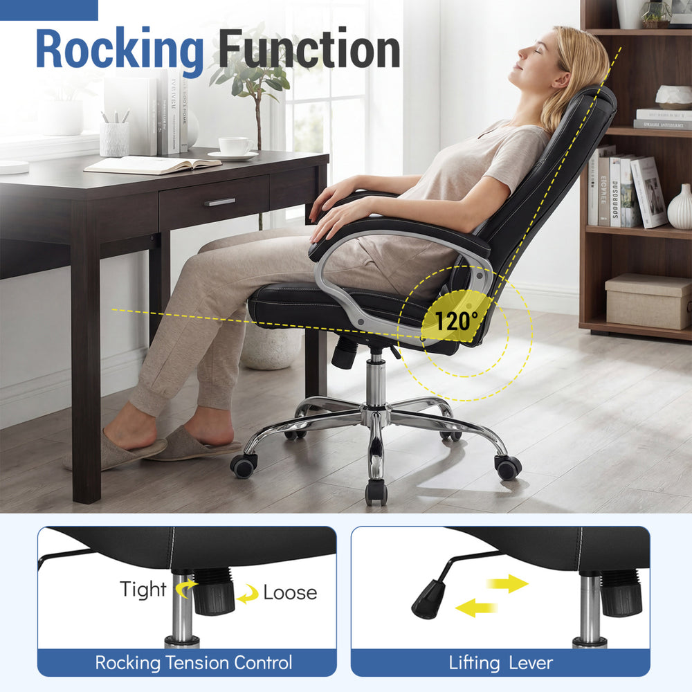 Ergonomic black leather office chair with padded armrests, rocking backrest, and adjustable height for comfort.