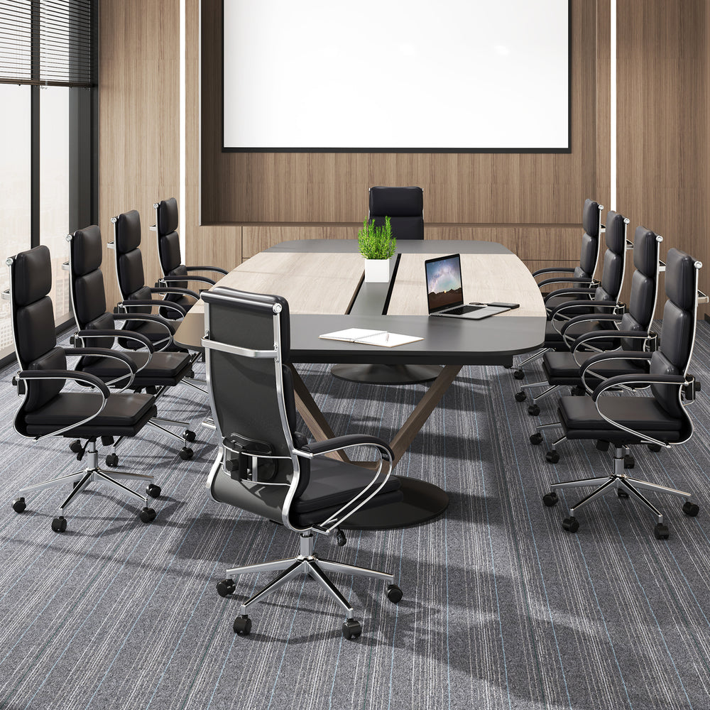 Ergonomic black leather office chair with adjustable height and rocking function, perfect for office environments.