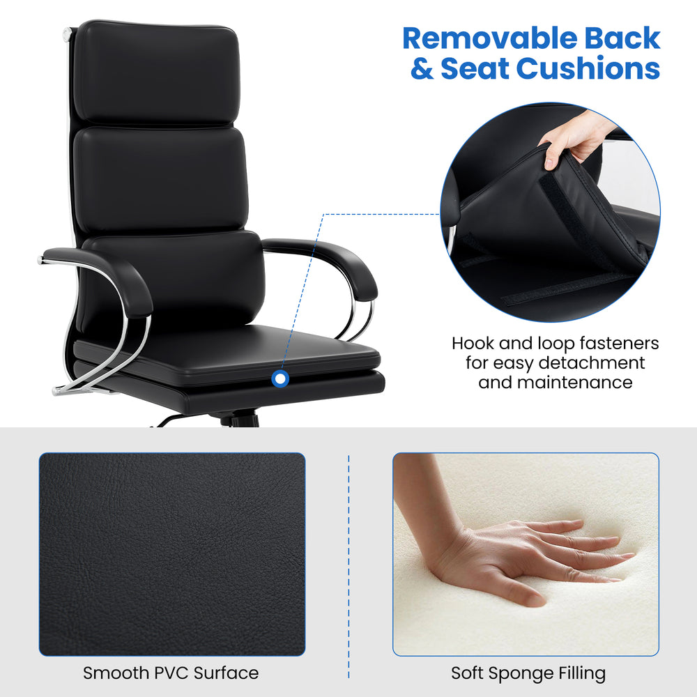 Ergonomic black leather office chair with adjustable height, removable cushions, and soft sponge filling for comfort.