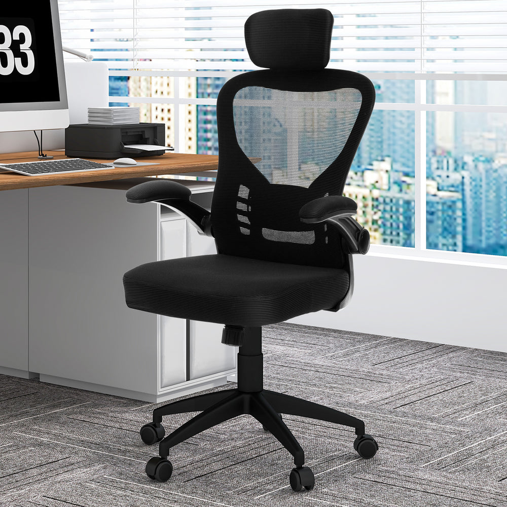 Ergonomic mesh office chair in black with adjustable height, headrest, and lumbar support for home office comfort.