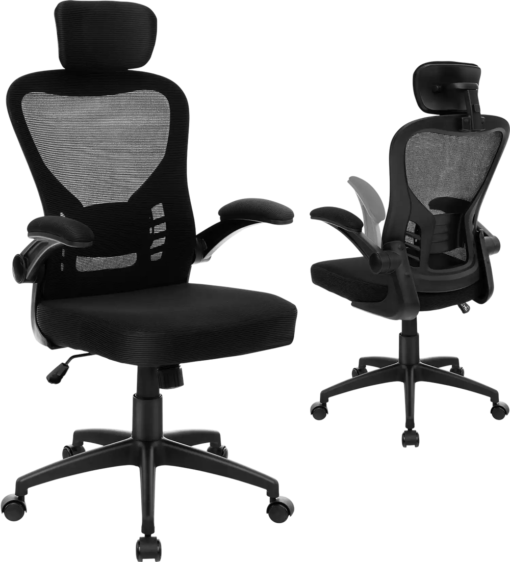 Ergonomic mesh office chair in black with adjustable height, headrest, and flip-up armrests for home office comfort.