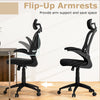 Ergonomic mesh office chair with adjustable height and 90° flip-up armrests for space-saving comfort in black.