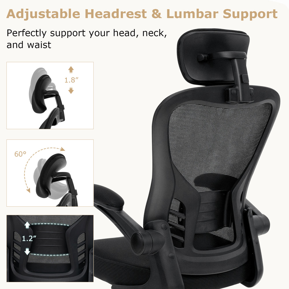 Adjustable headrest and lumbar support of the ergonomic mesh office chair for optimal comfort and spine alignment.