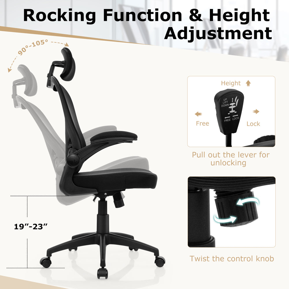 Ergonomic mesh office chair with adjustable height (19"-23") and rocking function for optimal comfort and support.