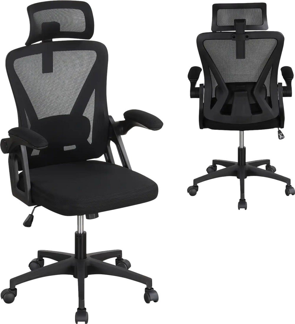 Ergonomic black mesh office chair with adjustable lumbar support and flip-up armrests for customizable comfort and.