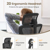 Adjustable 2D ergonomic headrest of a black mesh office chair for customized comfort and spine support.