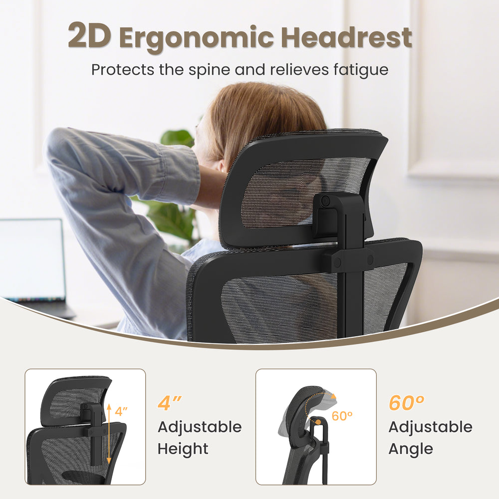 Adjustable 2D ergonomic headrest of a black mesh office chair for customized comfort and spine support.