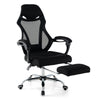 Ergonomic black mesh office chair with adjustable footrest, tilting backrest, and linkage armrests for ultimate comfort.