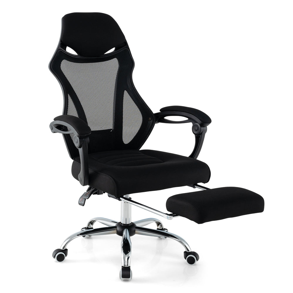 Ergonomic black mesh office chair with adjustable footrest, tilting backrest, and linkage armrests for ultimate comfort.