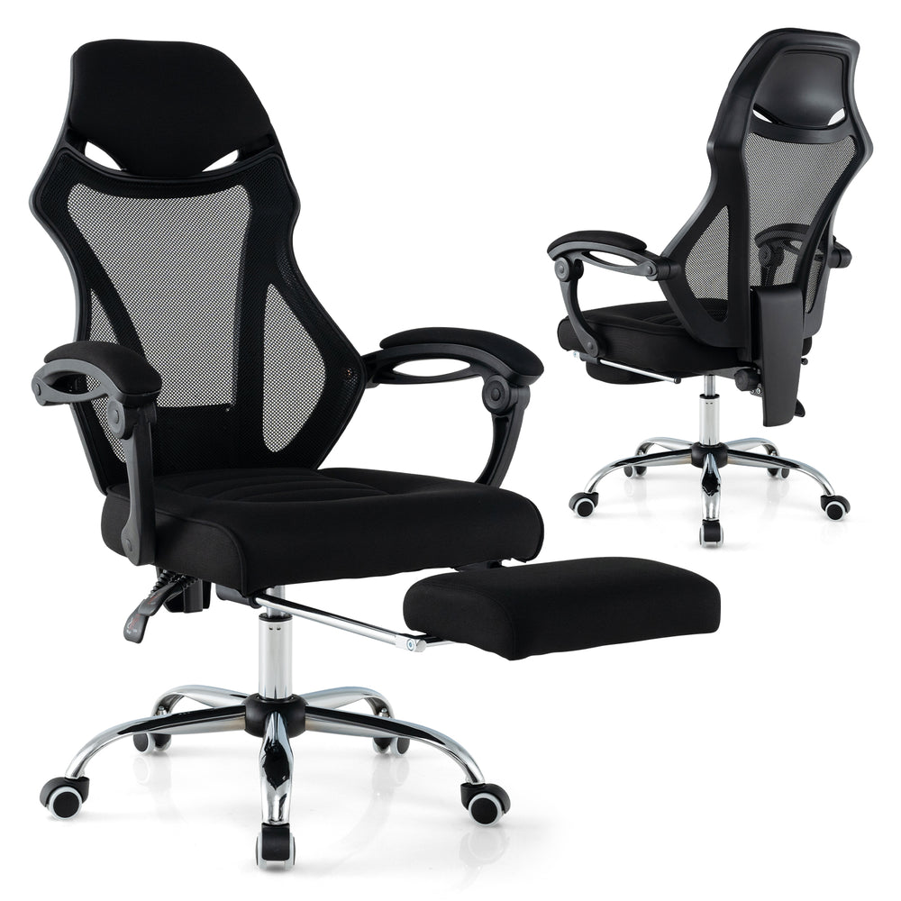 Ergonomic black mesh office chair with adjustable footrest and tilting backrest for ultimate comfort and support.