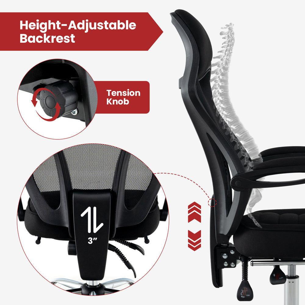 Height-adjustable backrest knob on the ergonomic mesh office chair for customizable support and comfort.