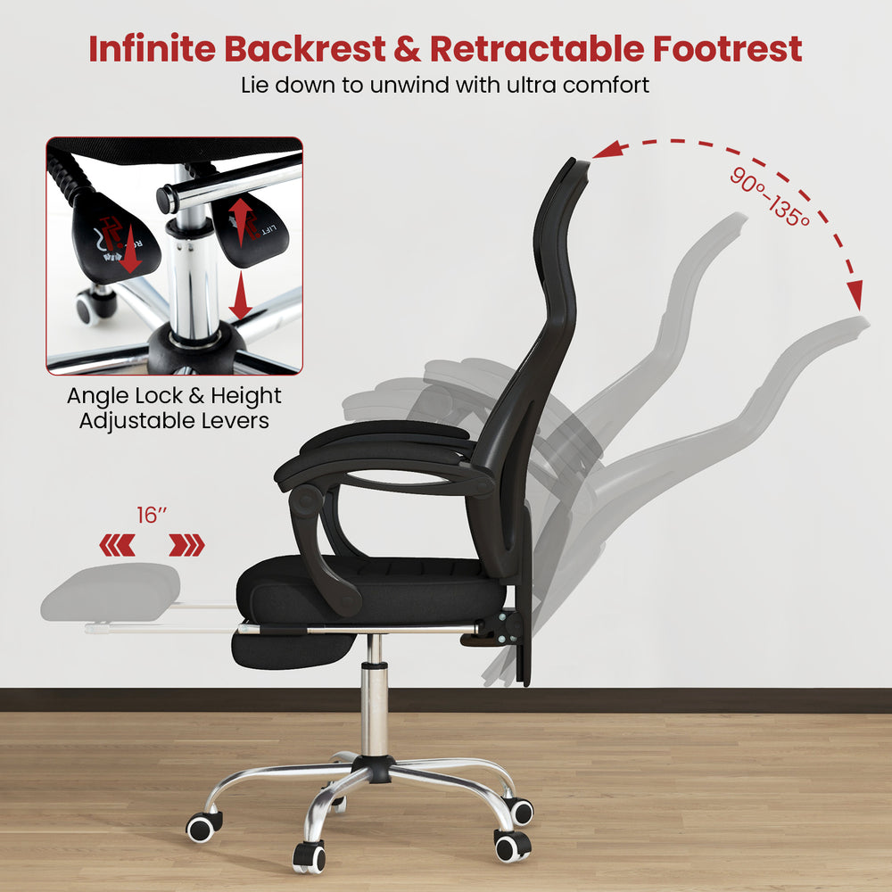 Side view of the ergonomic mesh office chair showcasing the retractable footrest and adjustable backrest for.