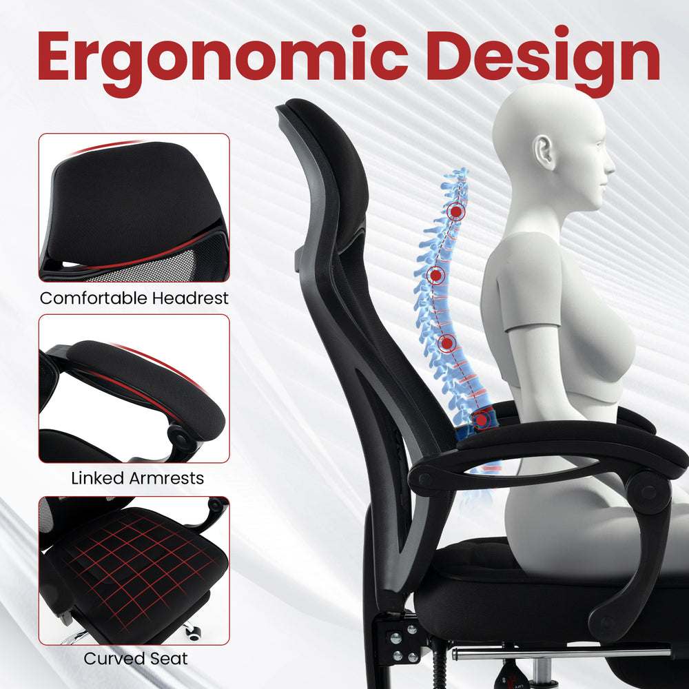 Ergonomic mesh office chair with adjustable headrest, curved seat, and linkage armrests for ultimate comfort and.