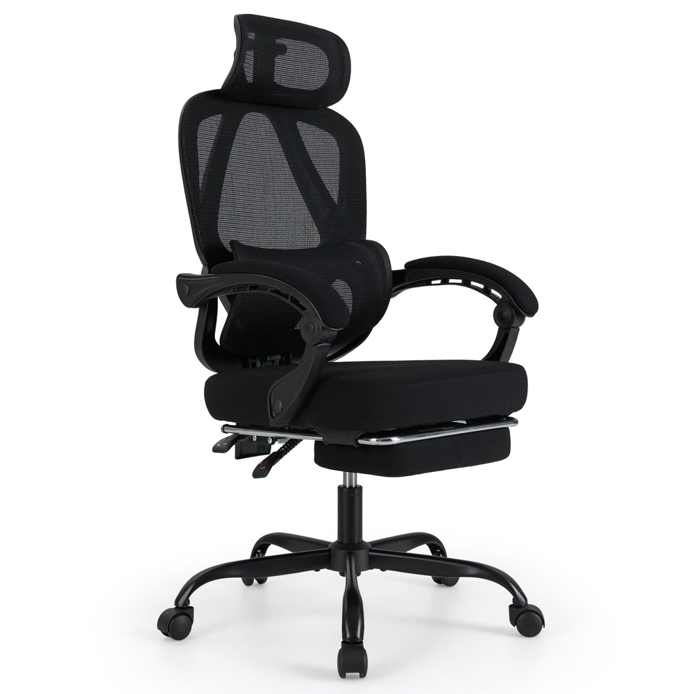 High back ergonomic office chair in black with retractable footrest and adjustable headrest for customizable comfort.